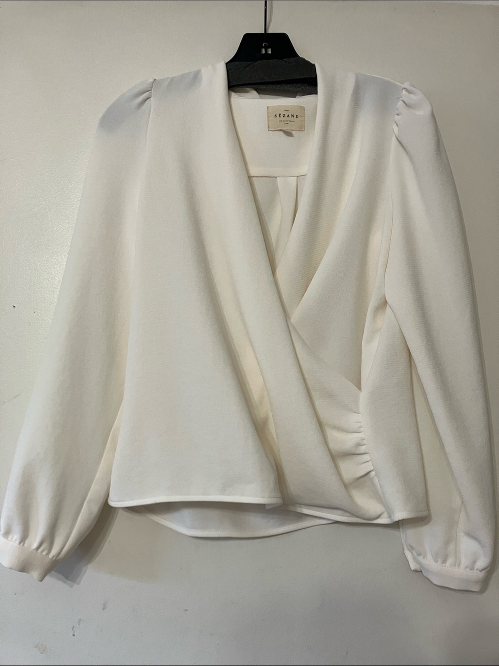 Sezane Ivory Wrap Blouse with Puff Sleeves